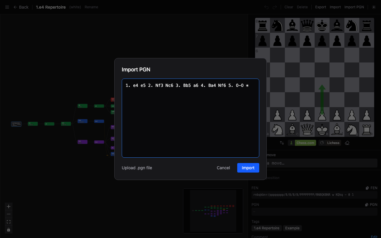 PGN import dialog with text area and file upload